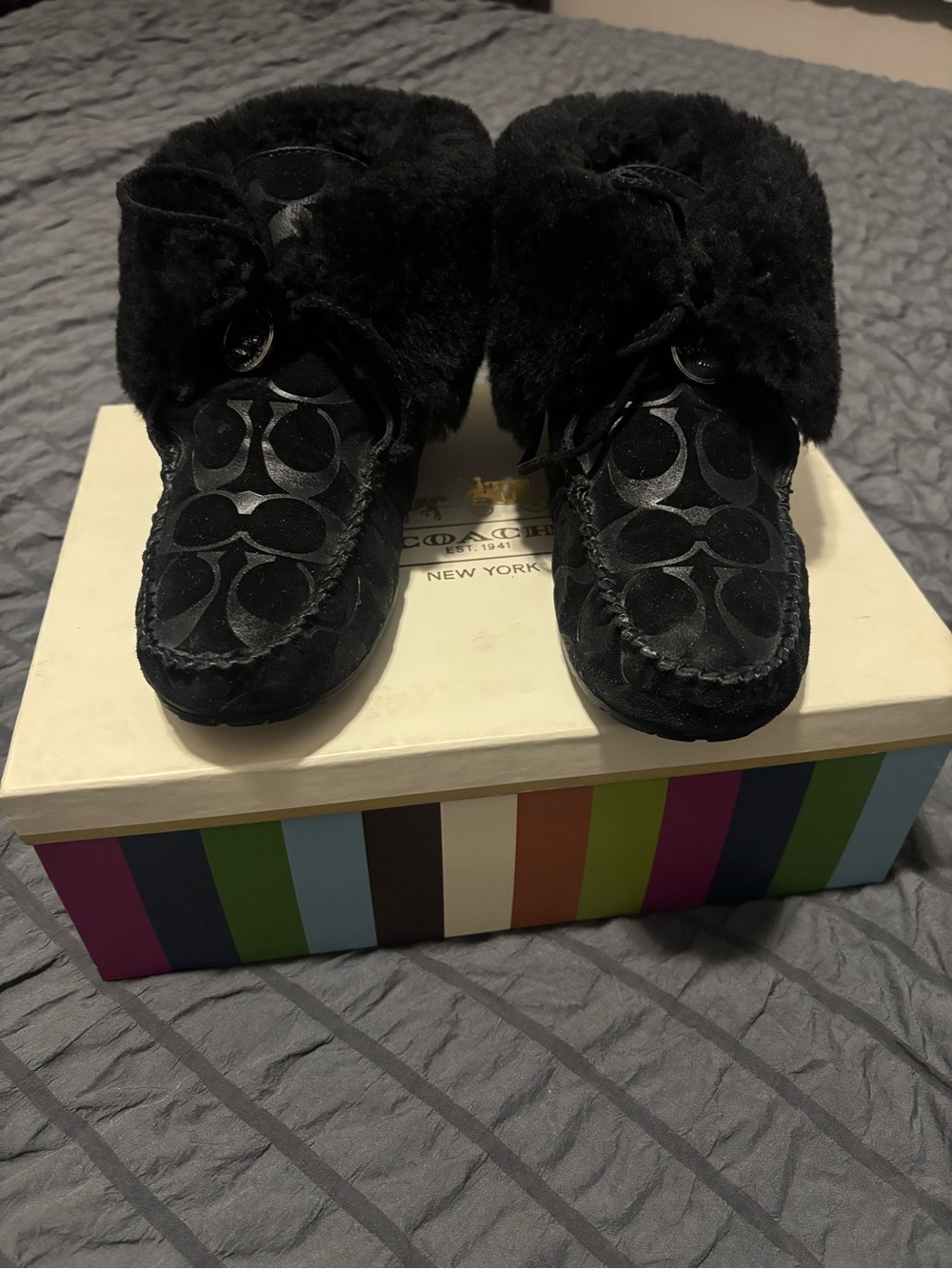 Coach Black Signature Suede Shearling Moccasin Slippers